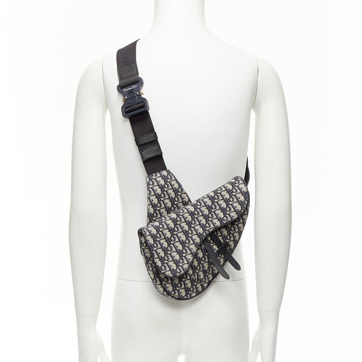 CHRISTIAN DIOR blue black CD logo monogram oblique canvas sadde shoulder bag