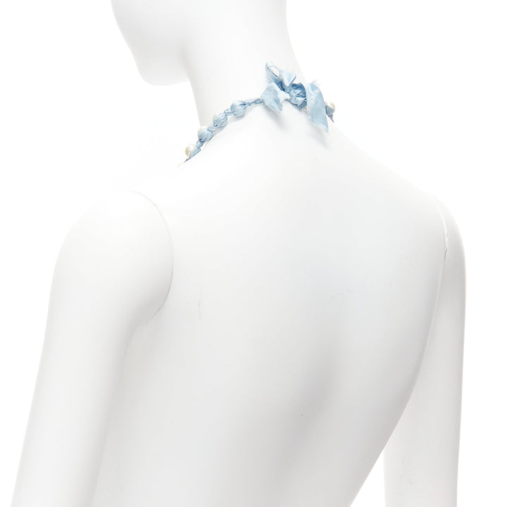 LANVIN ALBER ELBAZ cream pearl blue silk ribbon wrap long necklace