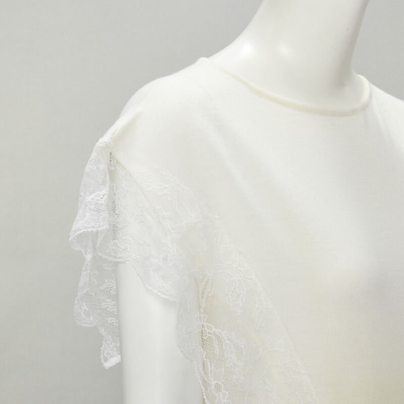 LANVIN cream white wool blend lace trim knitted pullover top M