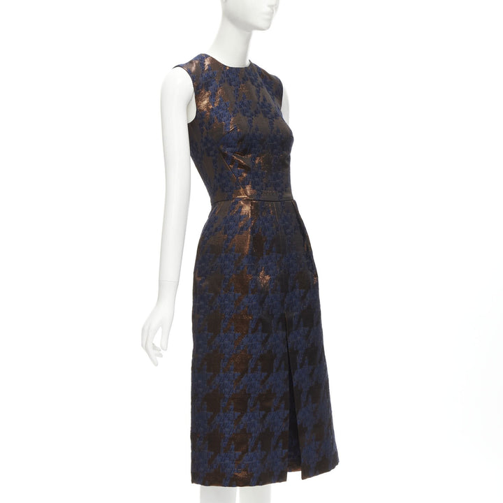 MARTIN GRANT metallic copper navy houndstooth jacquard midi dress FR34 XS