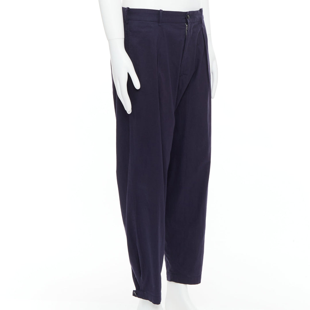 YOHJI YAMAMOTO navy 100% cotton pleated front tapered pants JP4 XL