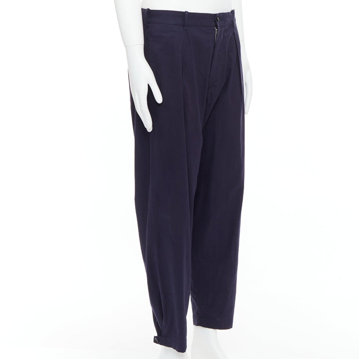 YOHJI YAMAMOTO navy 100% cotton pleated front tapered pants JP4 XL