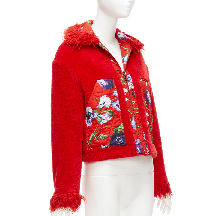 KENZO Memento reversible red purple flower print faux fur crop jacket FR34 XS