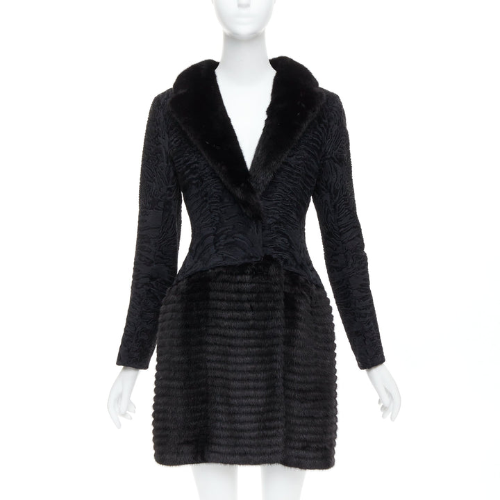 CHRISTIAN DIOR black lamb mink fur silk lined long coat FR38 M