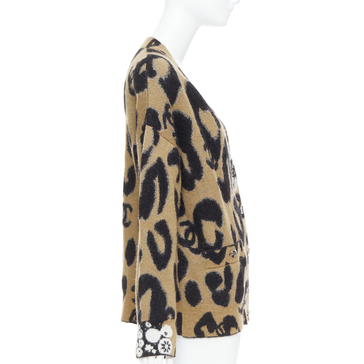 CHANEL A23 Runway brown black CC logo cashmere mohair cardigan FR40 L