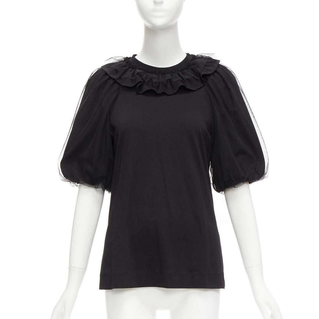 SIMONE ROCHA black cotton sheer overlay puff sleeves ruffle tshirt XS