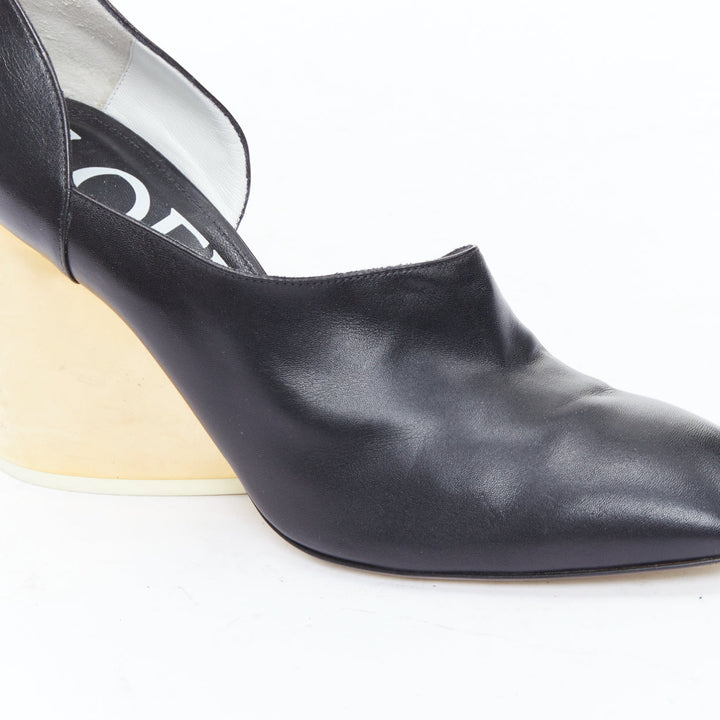 LOEWE gold curved heel black leather slip on heeled shoes EU39