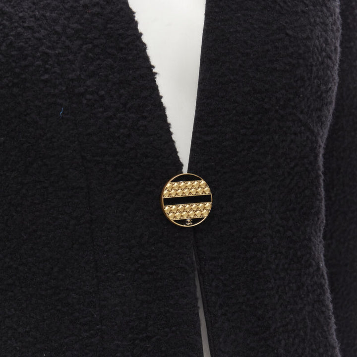CHANEL 19A black wool boucle gold round shoulder cocoon jacket FR38 M