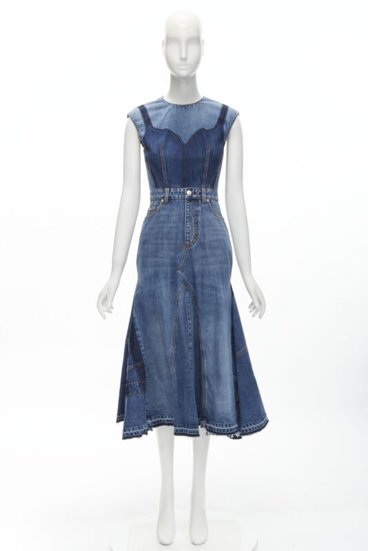 ALEXANDER MCQUEEN 2021 Runway washed denim shadow bodice midi dress IT38 XS