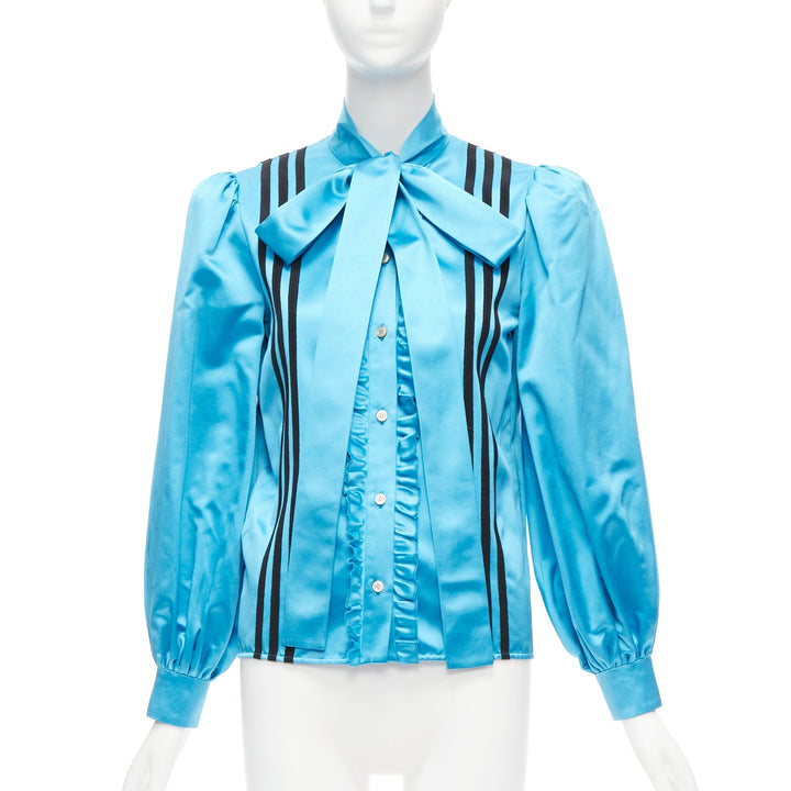 rare GUCCI ADIDAS blue silk 3 stripe pussy bow Victorian puff sleeve blouse IT38