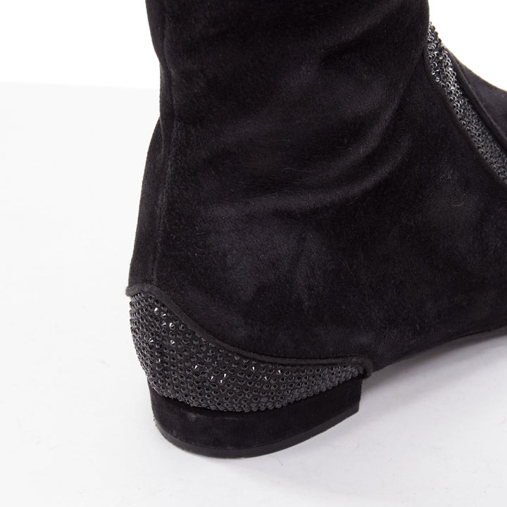 RENE CAOVILLA black suede crystal strass back slit knee flat boot EU35.5
