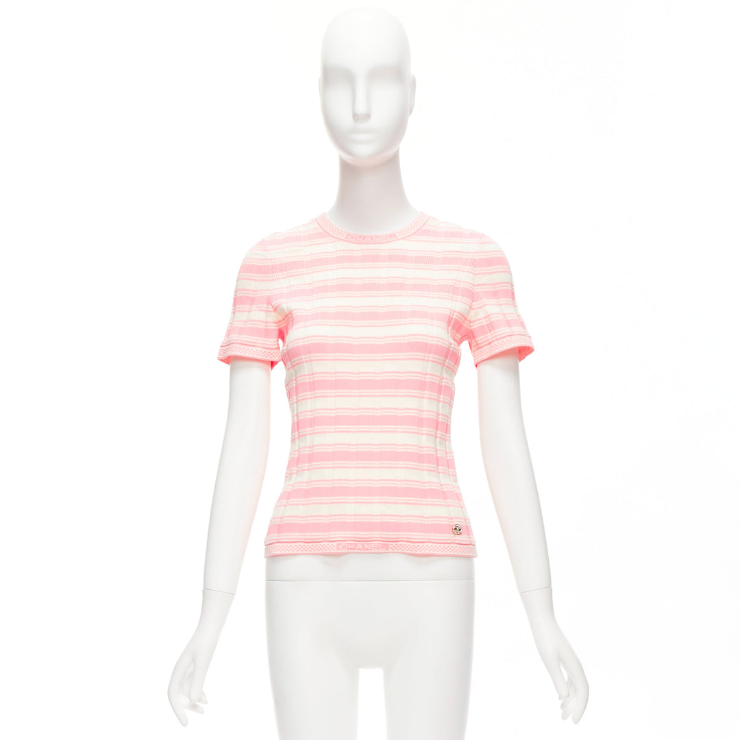CHANEL 23C white pink stripe logo charm short sleeve ribbed sweater FR40 L