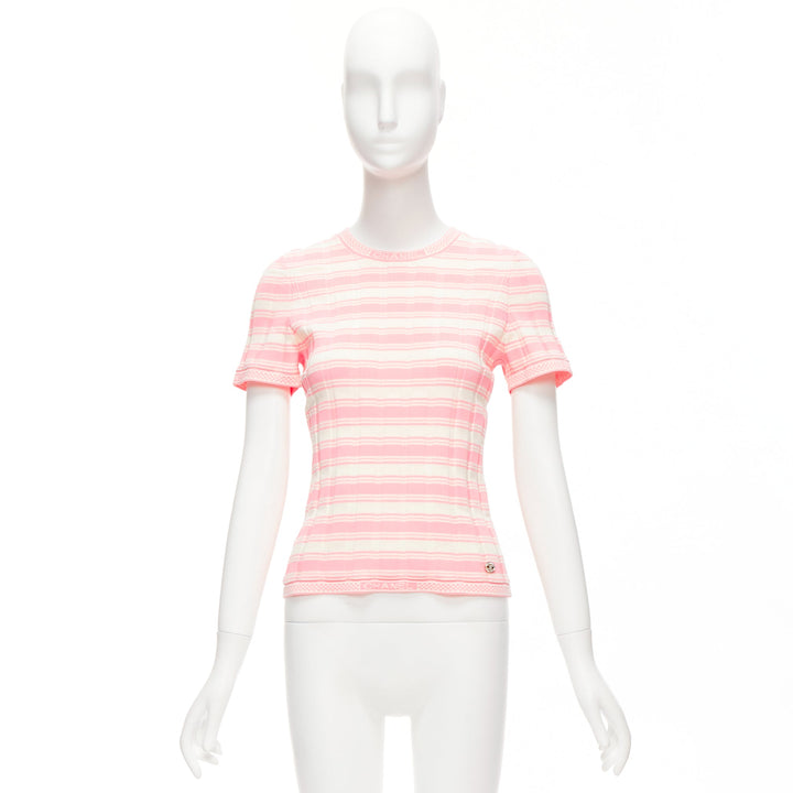 CHANEL 23C white pink stripe logo charm short sleeve ribbed sweater FR40 L