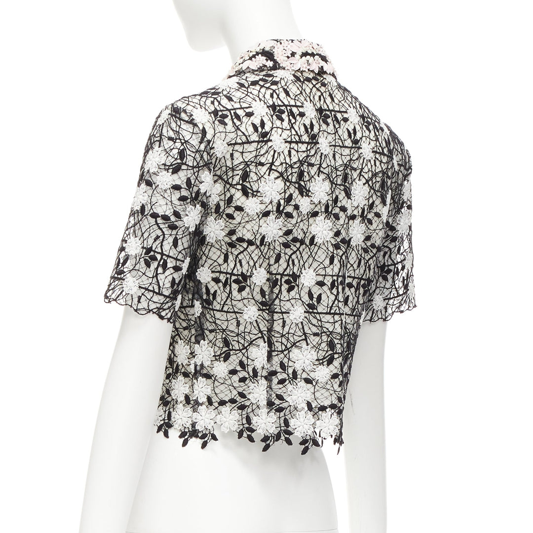 GIAMBATTISTA VALLI black cotton blend lace pink applique cropped shirt IT38 XS