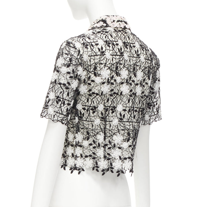 GIAMBATTISTA VALLI black cotton blend lace pink applique cropped shirt IT38 XS