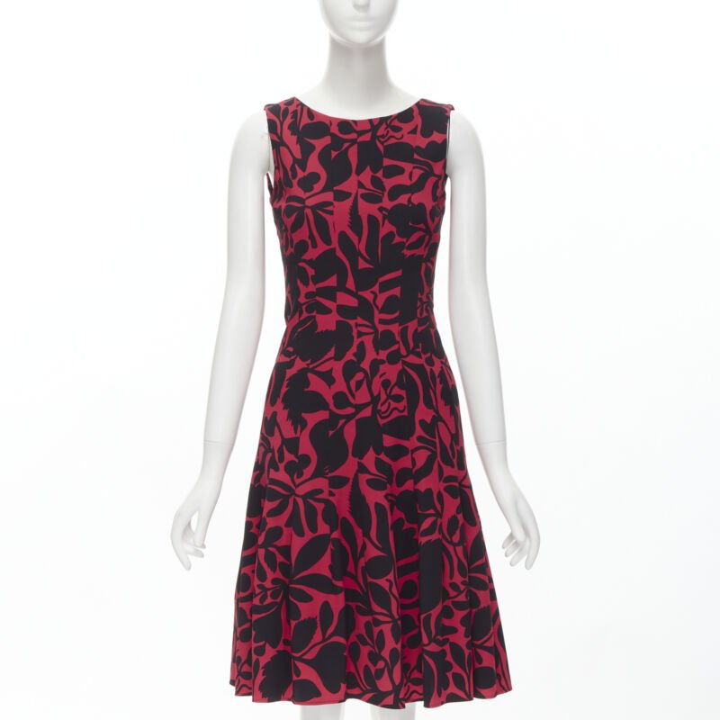 OSCAR DE LA RENTA red black floral print panelled fit flared dress XS