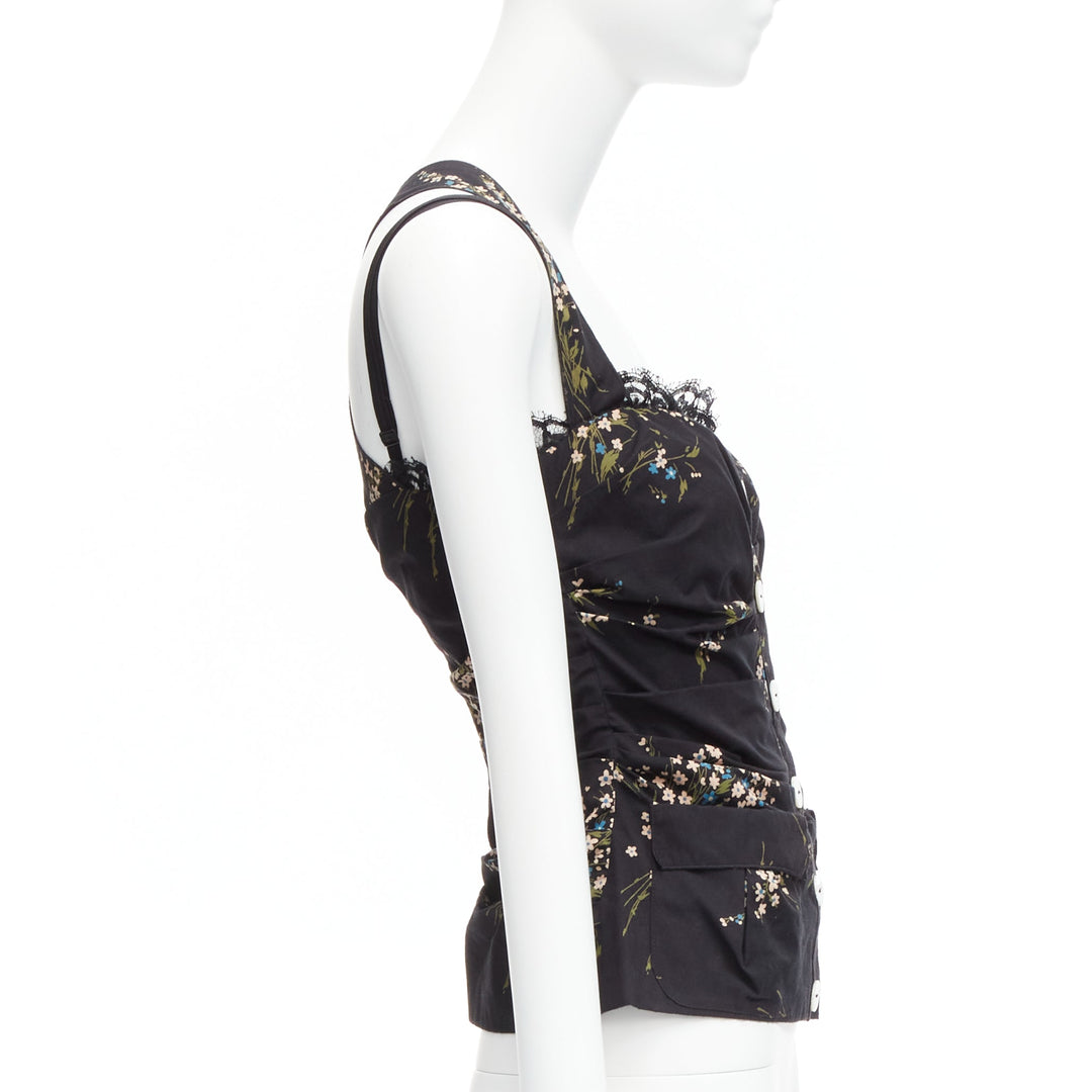 DOLCE GABBANA black floral print cross back lace trim corset top IT42 M