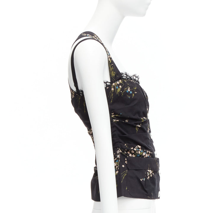 DOLCE GABBANA black floral print cross back lace trim corset top IT42 M
