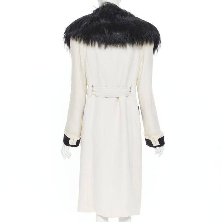TOM FORD white wool crepe black fox fur collar quilted belted robe coat IT40 S