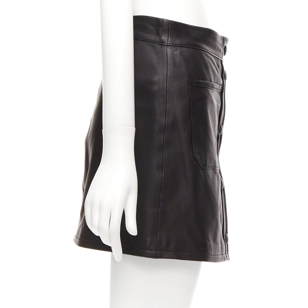 FRAME black lambskin leather snap button patch pocket mini skirt 25"