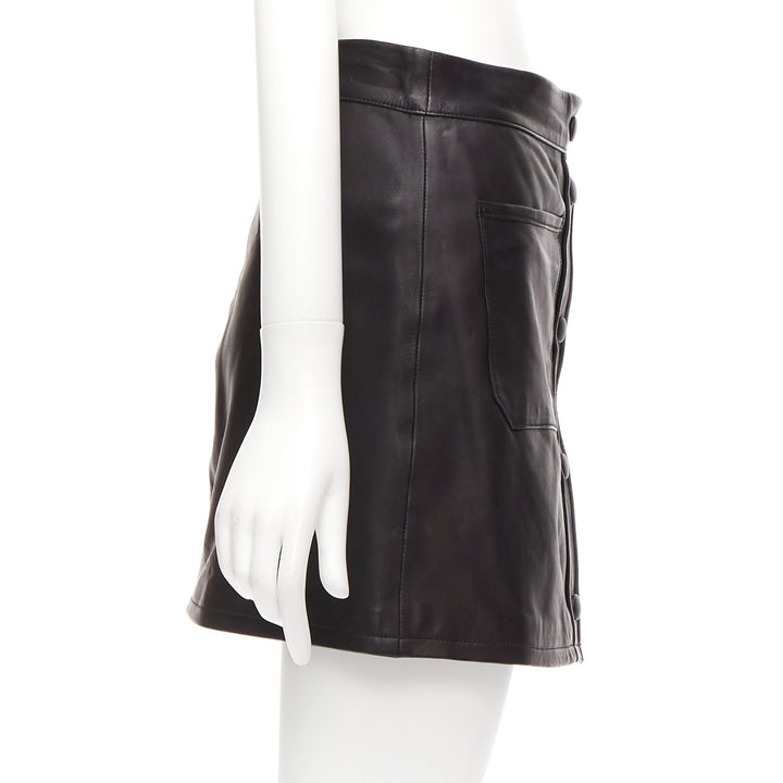 FRAME black lambskin leather snap button patch pocket mini skirt 25"