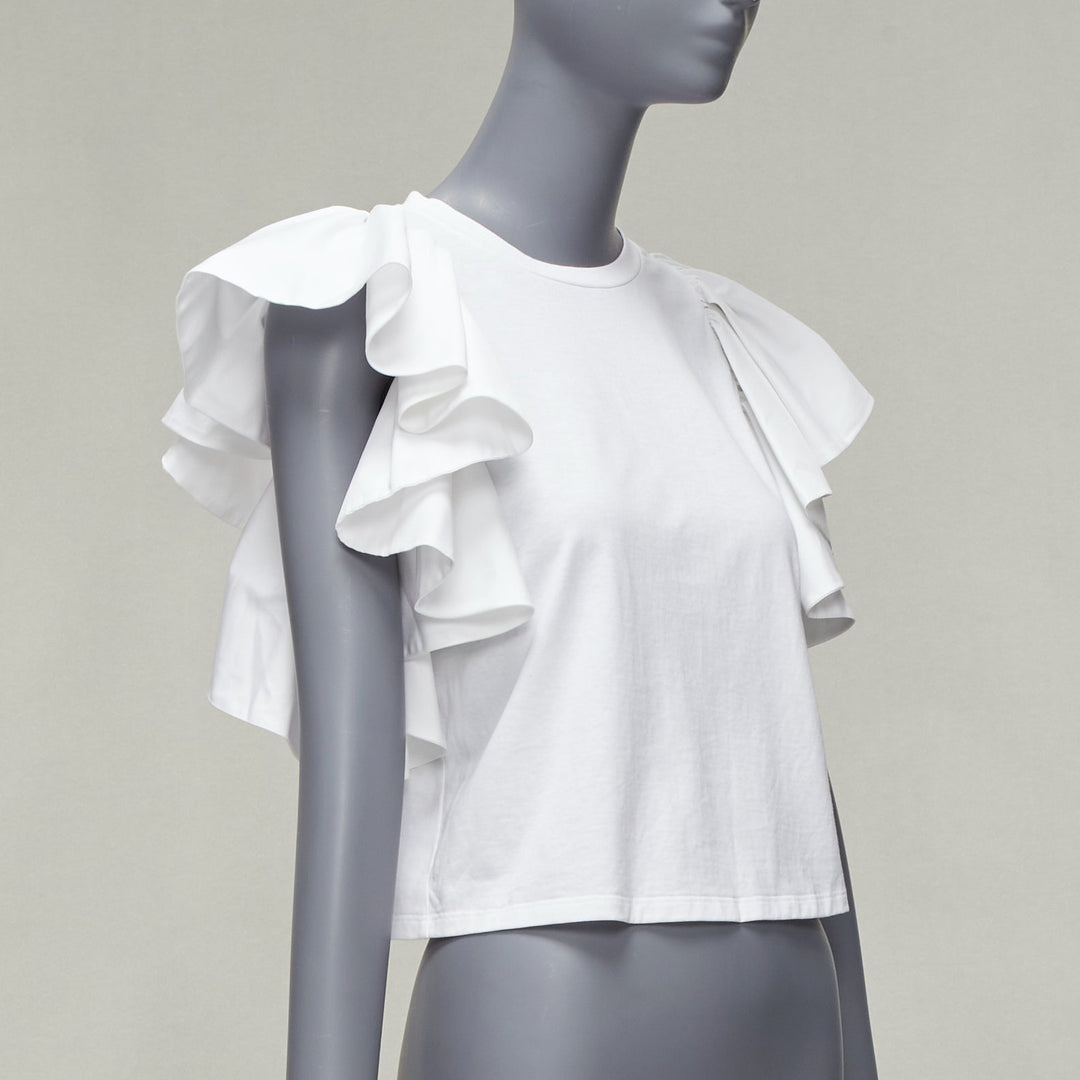 ALEXANDER MCQUEEN white cotton ruffle sleeve crew neck crop top IT38 XS