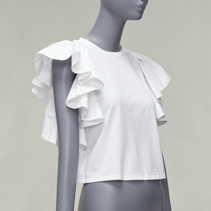 ALEXANDER MCQUEEN white cotton ruffle sleeve crew neck crop top IT38 XS
