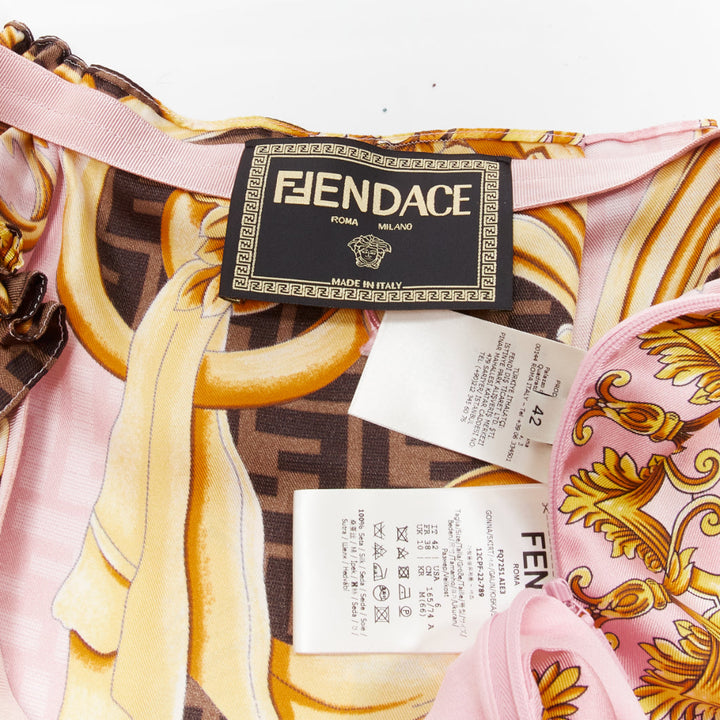 FENDACE FENDI VERSACE 2022 Runway pink gold baroque Zucca drape skirt IT42 M