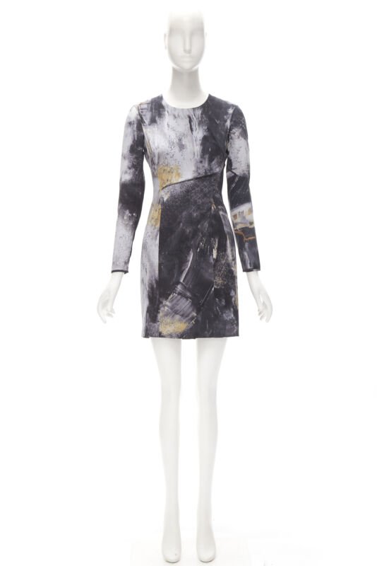 HELMUT LANG abstract grey gold paint stroke print mini dress S