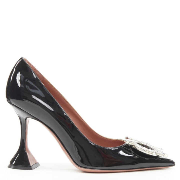 AMINA MUADDI Begum black patent crystal buckle point toe pump EU37