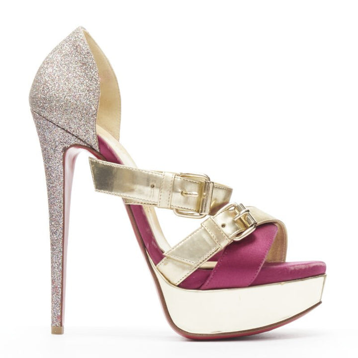 CHRISTIAN LOUBOUTIN Ambertina 140 gold pink glitter buckle strappy platform EU36