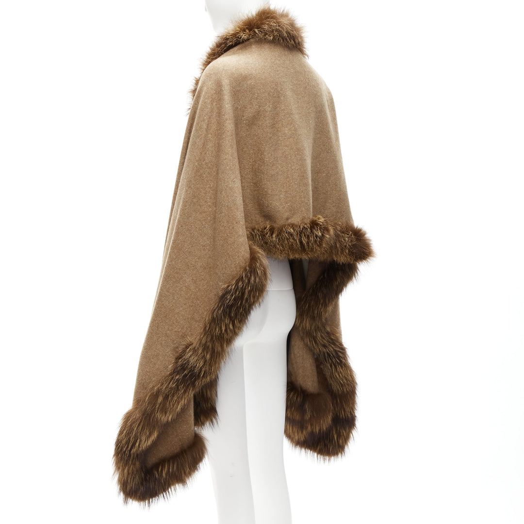 NO BRAND brown real fur trim soft wool rectangular shawl scarf