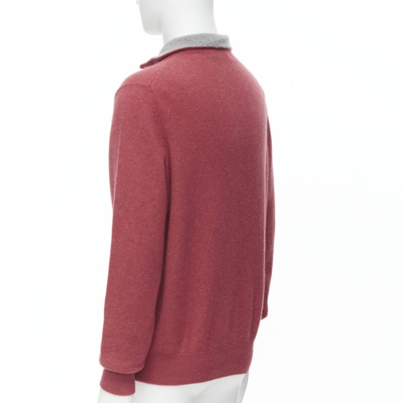 BRUNELLO CUCINELLI 100% cashmere grey collar half zip pullover sweater EU52 XL