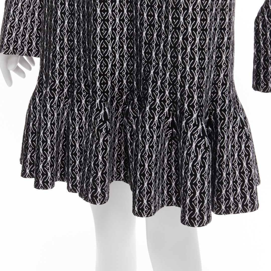 ALAIA black white wool jacquard square neck flared hem cocktail dress FR38 M