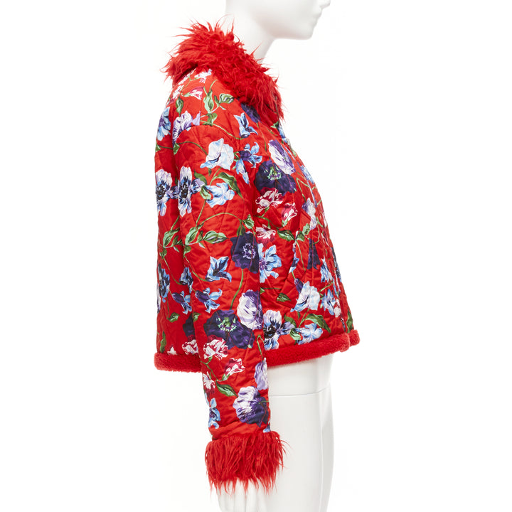 KENZO Memento reversible red purple flower print faux fur crop jacket FR34 XS
