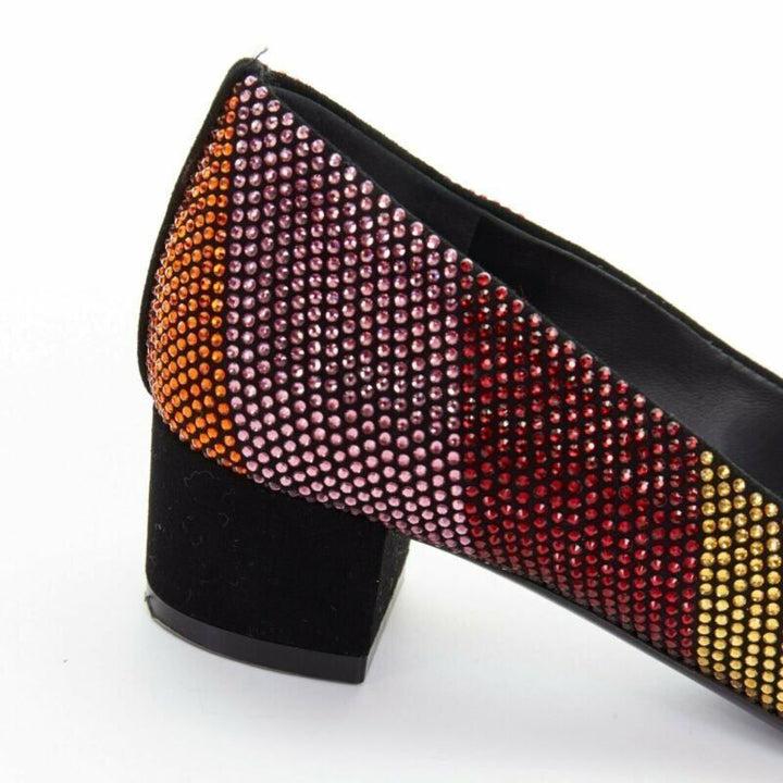 SALVATORE FERRAGAMO Vara rainbow crystal strass bow chunky kitten pump EU34