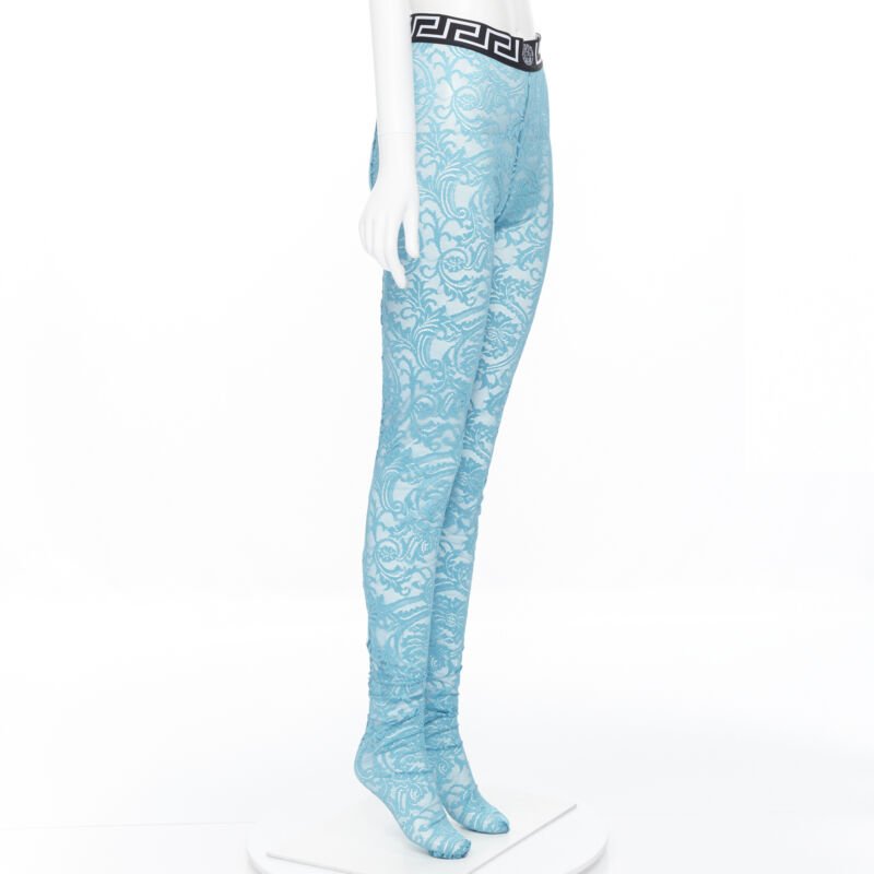 VERSACE Underwear Medusa Greca waist band blue floral lace tights L