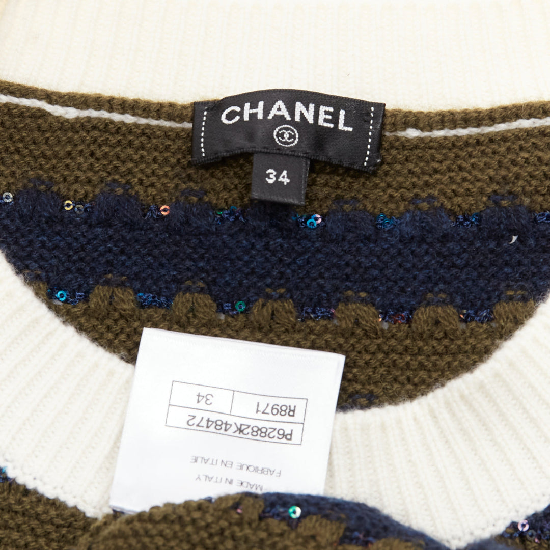 CHANEL 20C navy khaki sequin cashmere blend CC logo stripe crop sweater FR34 XXS