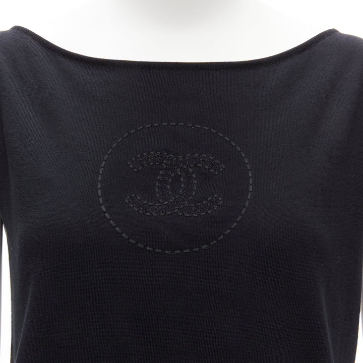 CHANEL 07P Vintage black CC logo topstitch cotton boat neck top FR36 S