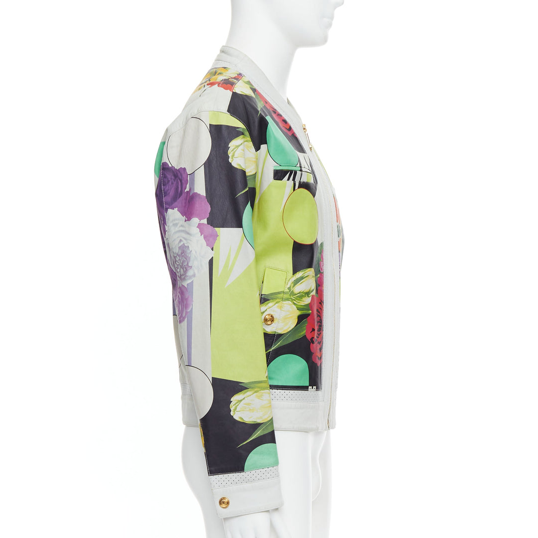 VERSACE 2013 Runway white leather geometric tropical print bomber IT50 L