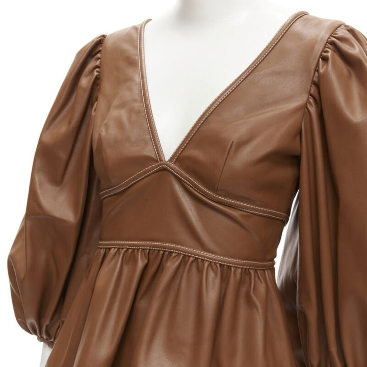 STAUD Luna tan brown vegan faux leather plunge neck puff sleeve top US0 XS