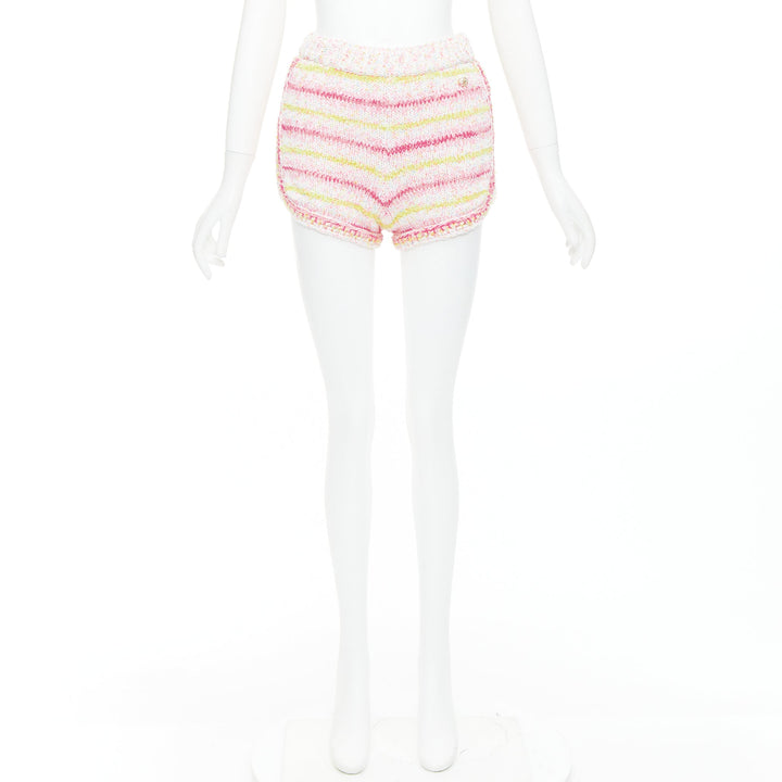 CHANEL 24C pink yellow cotton blend CC logo knit mini shorts FR34 XS