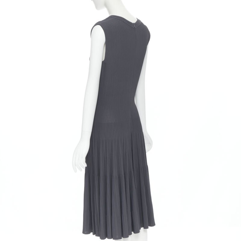 ALAIA dust grey ribbed V-neck sleeveless fit flared cocktail dress M