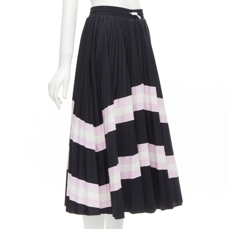 VALENTINO black pink stripes patchwork pleated toggle pleated midi skirt XS