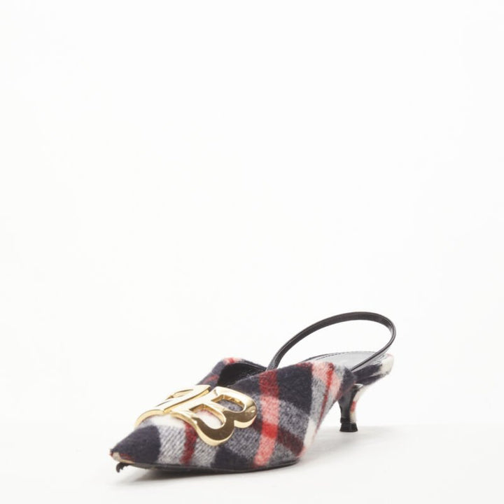 BALENCIAGA BB Knife gold logo red black plaid wool sling kitten pump EU38.5