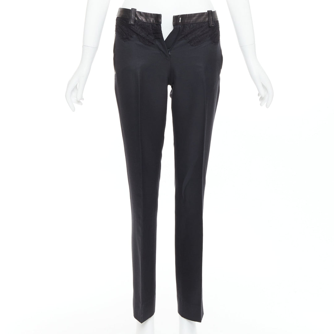 VERSACE black cotton blend lace leather trim waist tapered trousers IT38 XS