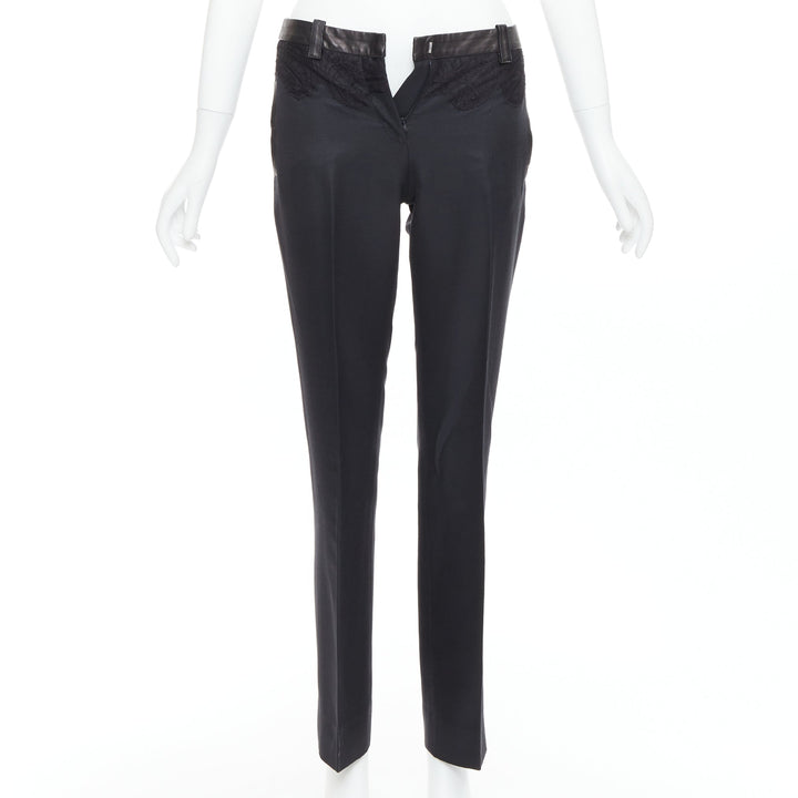 VERSACE black cotton blend lace leather trim waist tapered trousers IT38 XS