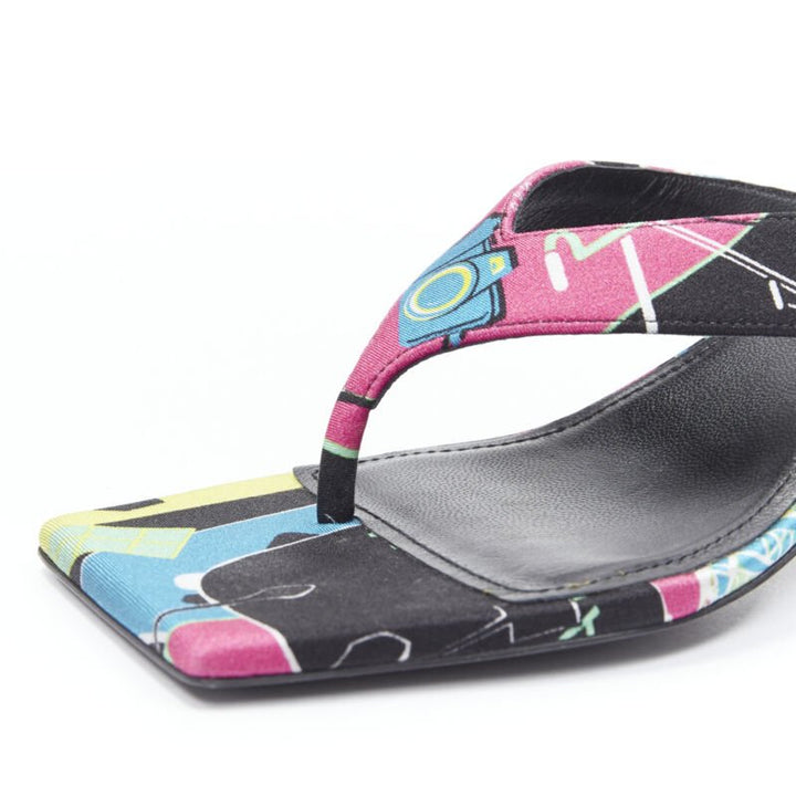 BALENCIAGA 2020 floral satin square toe mid heel mule thong sandals EU35
