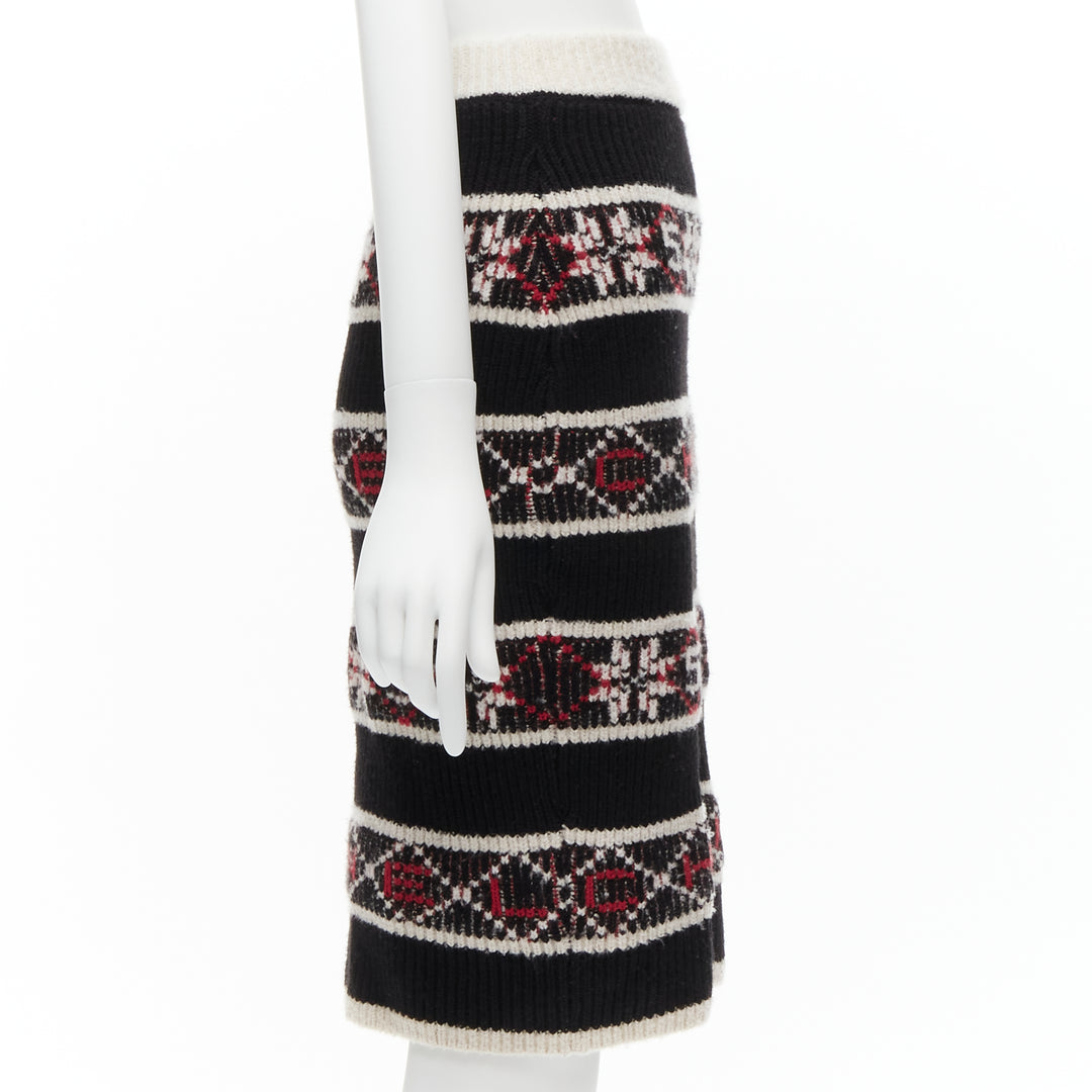 CHANEL Number 5 red black white CC logo fair isle intarsia skirt FR34 XS