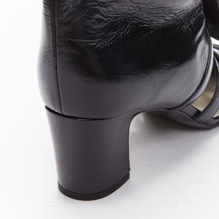 CHANEL 2023 Runway silver CC bow black leather cut out boots EU38.5